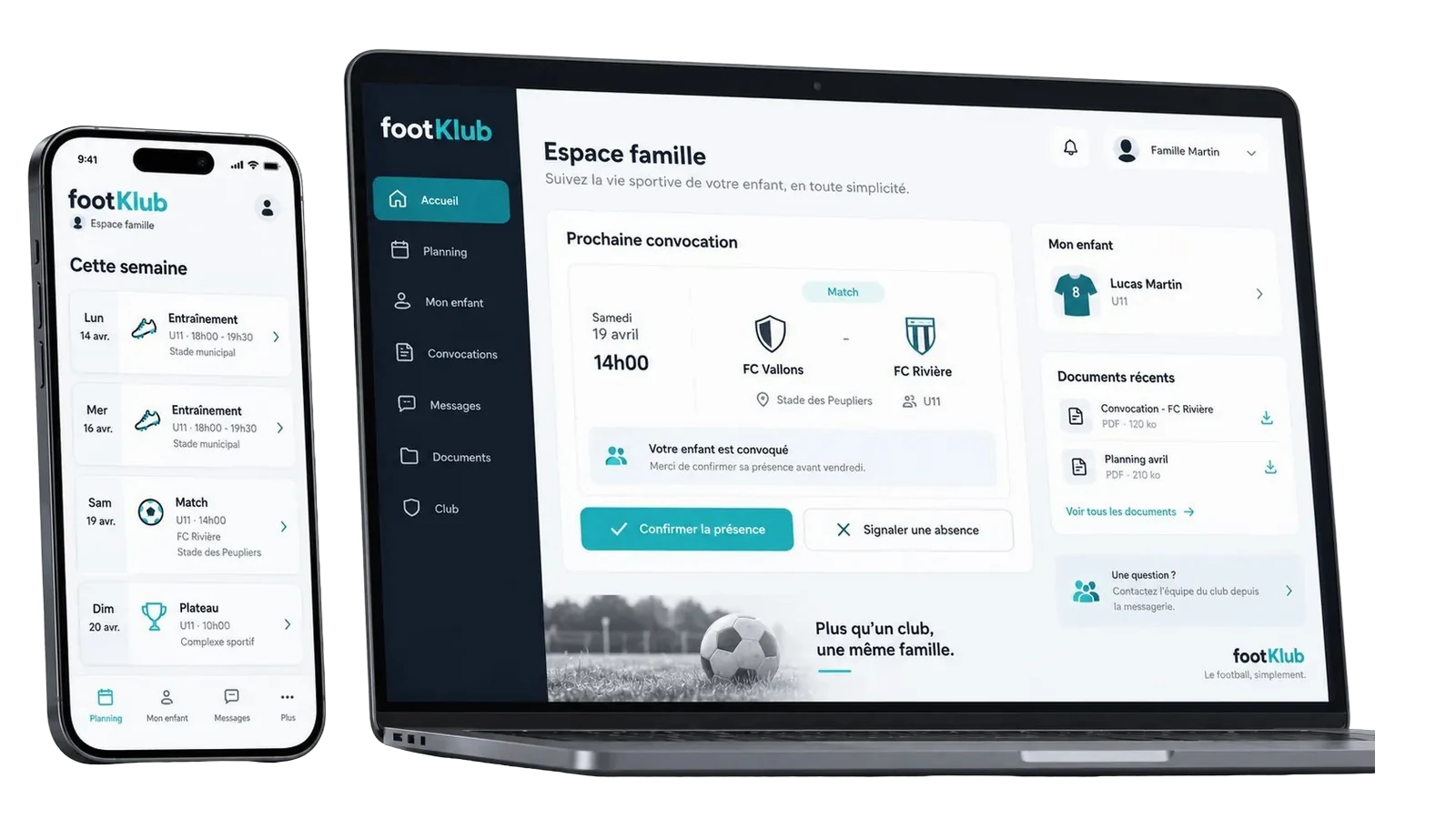 Espace famille footKlub sur ordinateur et sur téléphone : prochaine convocation, documents et planning de la semaine