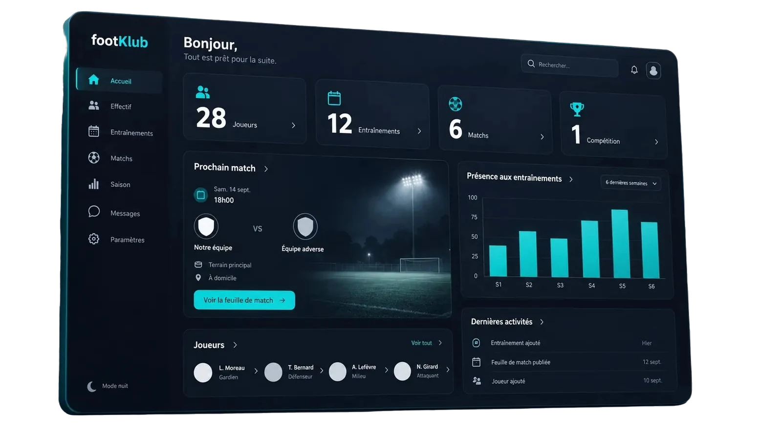 Tableau de bord footKlub : joueurs, entraînements, matchs, prochain match et présence aux entraînements